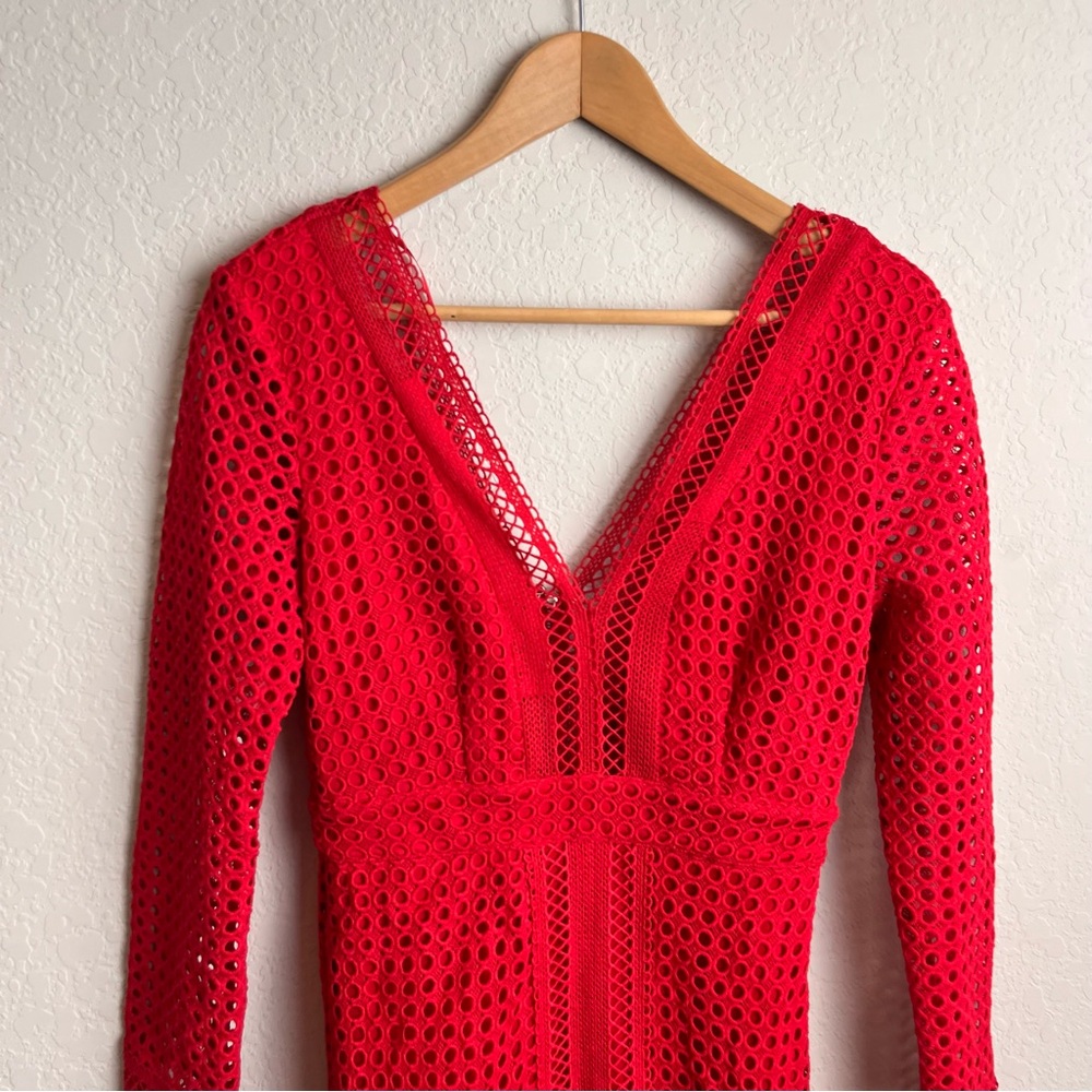 ASTR The Label Red Lace Bodycon Mini Dress Small S Long Sleeve Cutout Eyelet - Picture 4 of 11